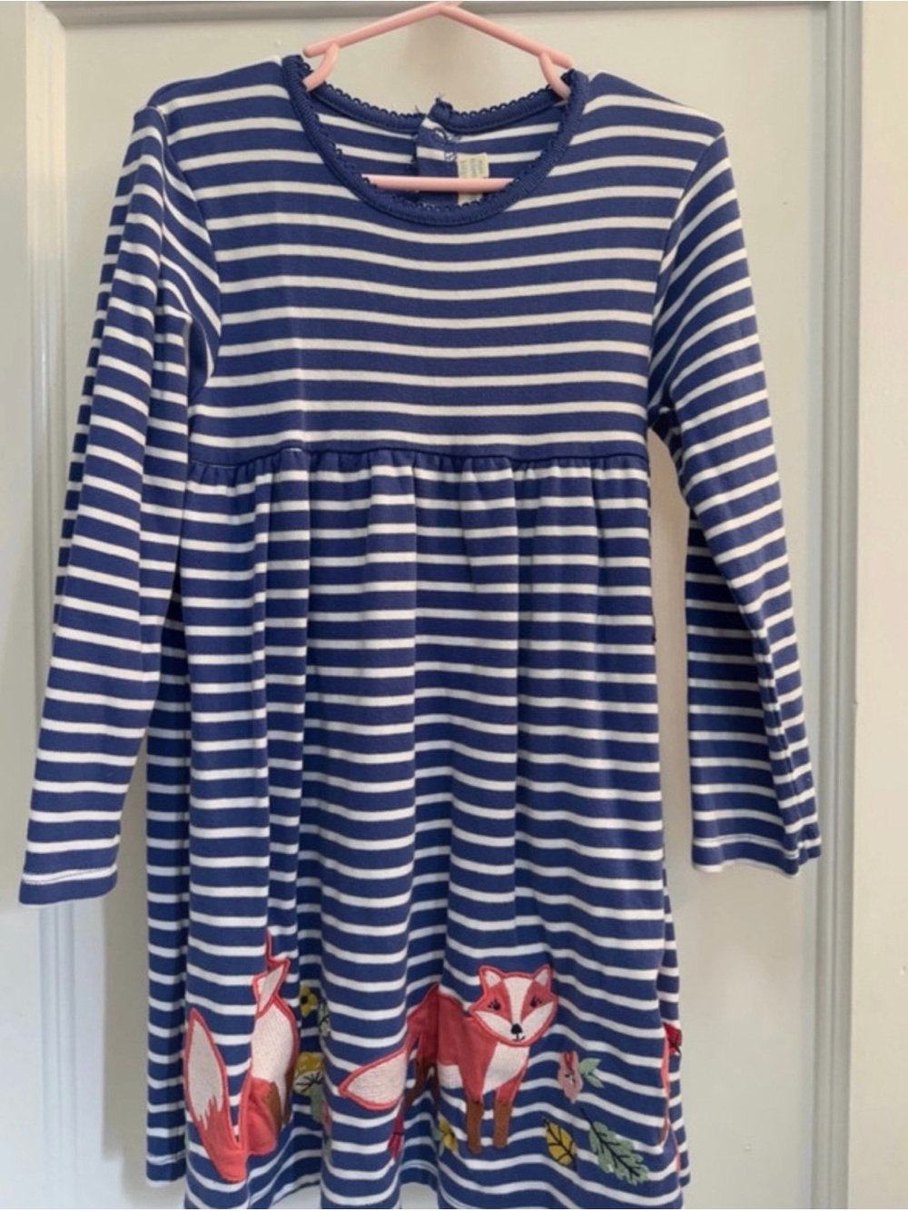 JoJo Maman Bebe Blue & White Striped Long-Sleeve Dress with Fox Appliqué